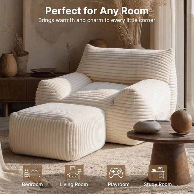 Oversized Bean Bag Chair with Ottoman, Bean Bag Couch with 2 Side Pockets, Corduroy Boneless Couch Chair in a Box, Comfy Lounge Chair for Living Room, Bedroom, Dorm, White - Image 7