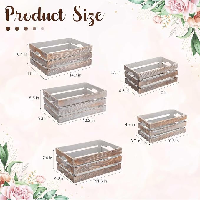 Soaoo 5 Pcs Decorative Nesting Wooden Crates for Storage Display 5 Size Large Small Rustic Wood Decorative Storage Crates with Handle Farmhouse Crate Box Container Made from Pine(Vintage Gray) - Image 2