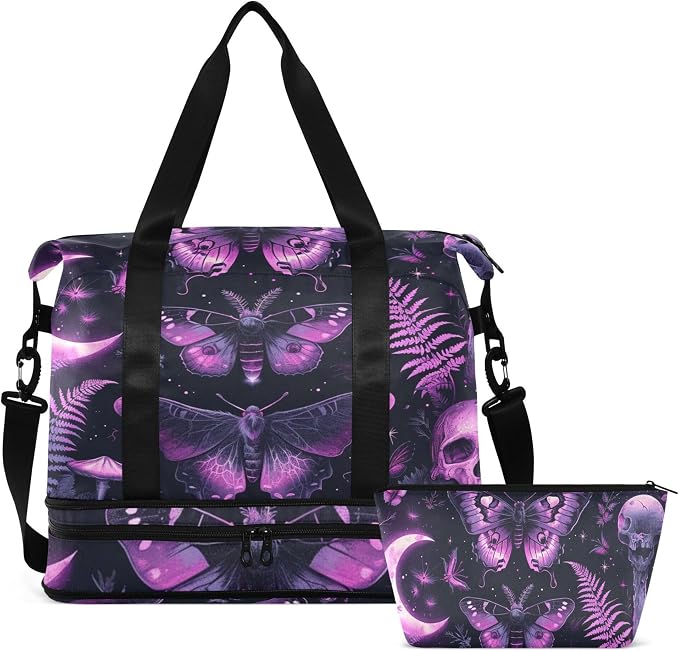 Travel Duffel Tote Bag Gothic Skull Butterfly Sports Duffel Bag with Wet Pocket Weekender Overnight Bag for Women Men Gym Bag, Carry On Bag Hospital Bag for Labor and Delivery by MNSRUU