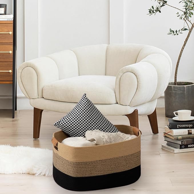 Large Blanket Basket for Living Room,72 L Rectangle Toy Storage Basket for Nursery Room, Woven Rope Storage Box with Leather Handle, 22’’*17’’*11.8’’, Gradient Linen - Image 7
