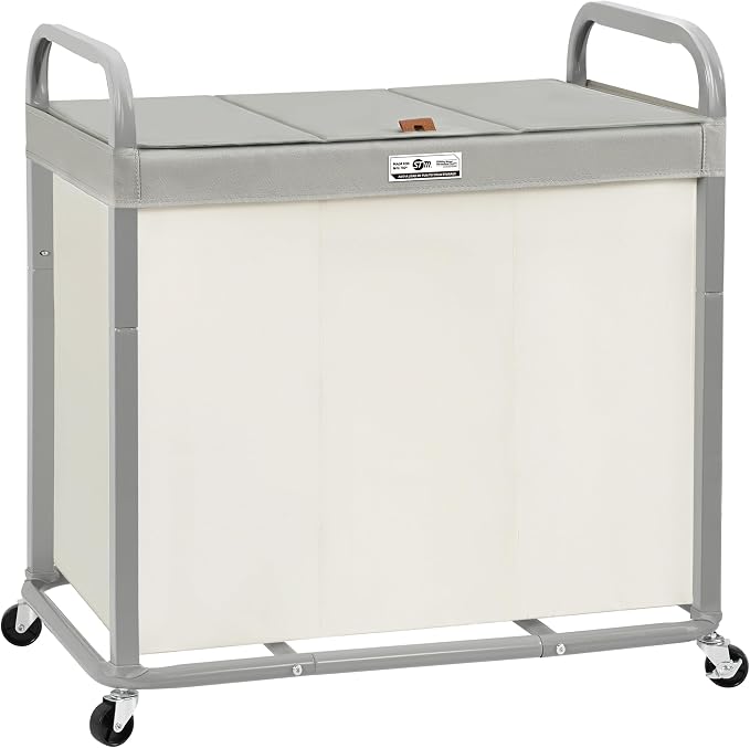 STORAGE MANIAC Laundry Hamper 3 Section with Lid Rolling Laundry Basket | 230L Laundry Sorter Cart 3 Compartment Clothes Hamper on Wheels Metal Handle Oxford Removable Bag Laundry Room Bedroom Beige by STORAGEMANIAC