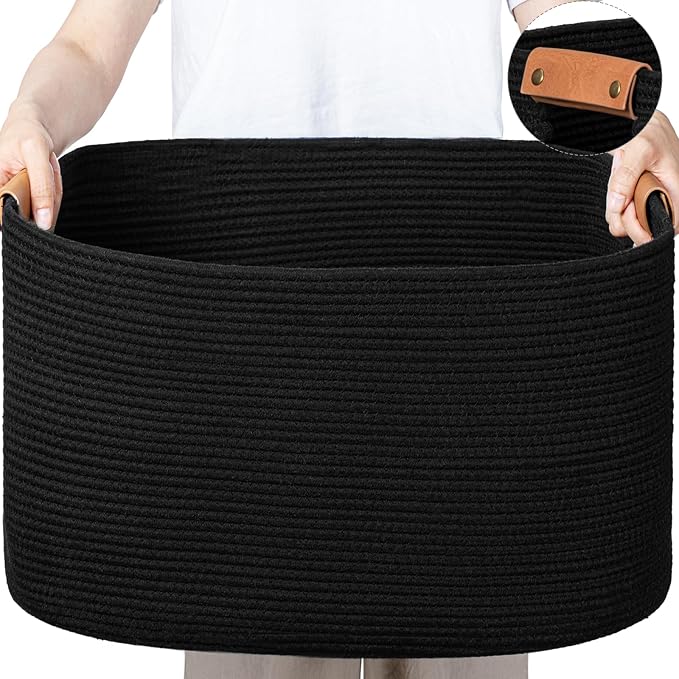 Large Woven Basket, 108 L Blanket Basket for Living Room, Nursery Bin for Toys Organizing & Laundry, Cotton Rope Hamper with Leather Handle, 25’’*16’’*16’’ Black by danpinera