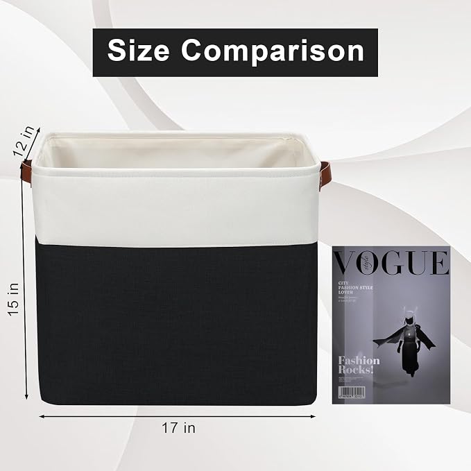 Large Fabric Storage Baskets | 50L Storage Bins, Decorative Linen Closet Baskets with Handles for Organizing, Shelf, Toys, Clothes, Home, Office, Nursery, 17x12x15Inches (Black&White) - Image 3