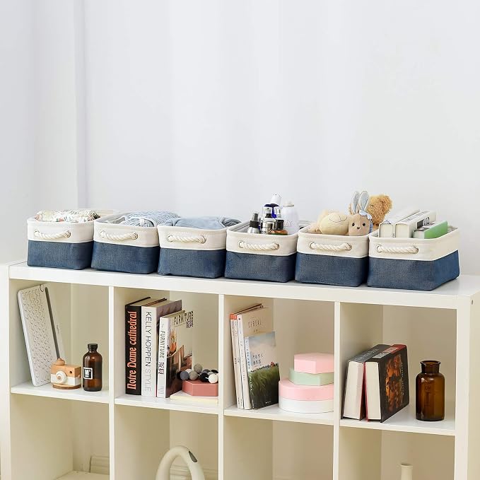 Storage Basket for Organizing - 12x8x5.2 inch Small 6 Pack Fabric Storage Bin Collapsible Baskets for Shelves with Rope, Storage Box for Cloth Decorative Laundry Canvas(White & Blue) - Image 3