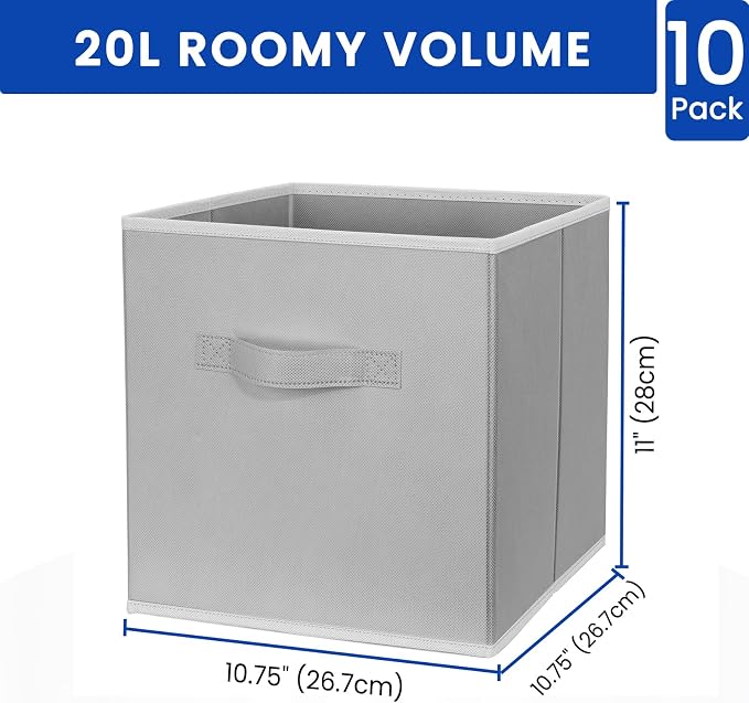 Storage Cubes, 11 Inch Cube Storage Bins for Shelves (10 Pack), Fabric Collapsible Storage Bins with Dual Handles, Foldable Cube Baskets for Magazines, Closet Organizers and Storage Box (Grey) - Image 4