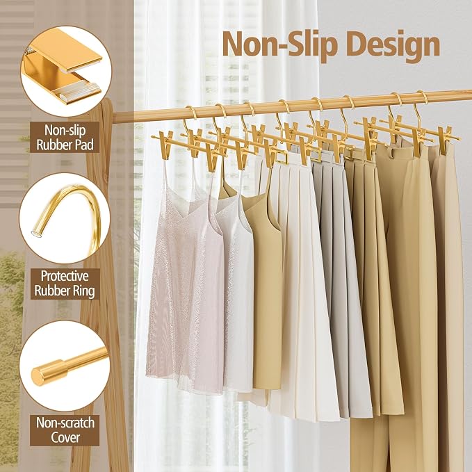 Matte Gold Aluminum Pants Hangers with Adjustable Clips, 10 Pack | Non-Slip, Sturdy Metal, 360° Swivel Hooks, Heavy-Duty & Space-Saving Closet Organizer for Pants, Skirts, Kids & Adults - Image 3