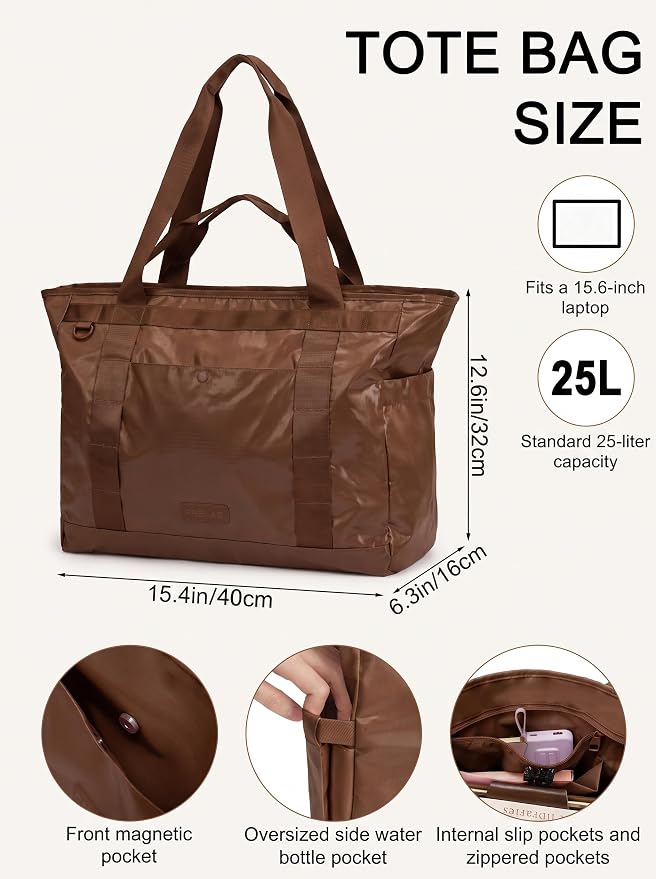 FHELAD Extra Large Glossy Tote Bag for Women, Beach Shoulder Bag 25L | Waterproof Sandproof, 15.6" Laptop Compartment, Luggage Strap, Work, Travel - Image 2