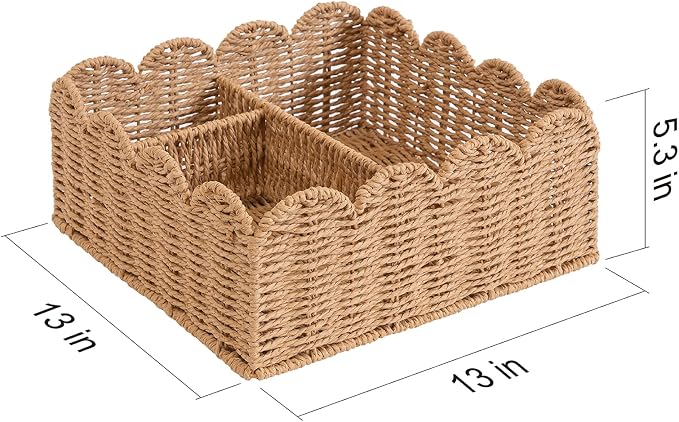 Rattan Divided Scalloped Basket,Wicker Diaper Caddy Scalloped Baske,Woven Natural Basket with 4 Dividers,Suitable for Baby Rooms, Bathrooms, Bedrooms (Paper Rope) - Image 3