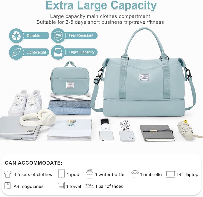 Large Weekender Bags for Women, Travel Duffel Bags with Shoe Compartment,Personal Item Travel Carry on Overnight bag for women Travel Set,Light Blue - Image 3