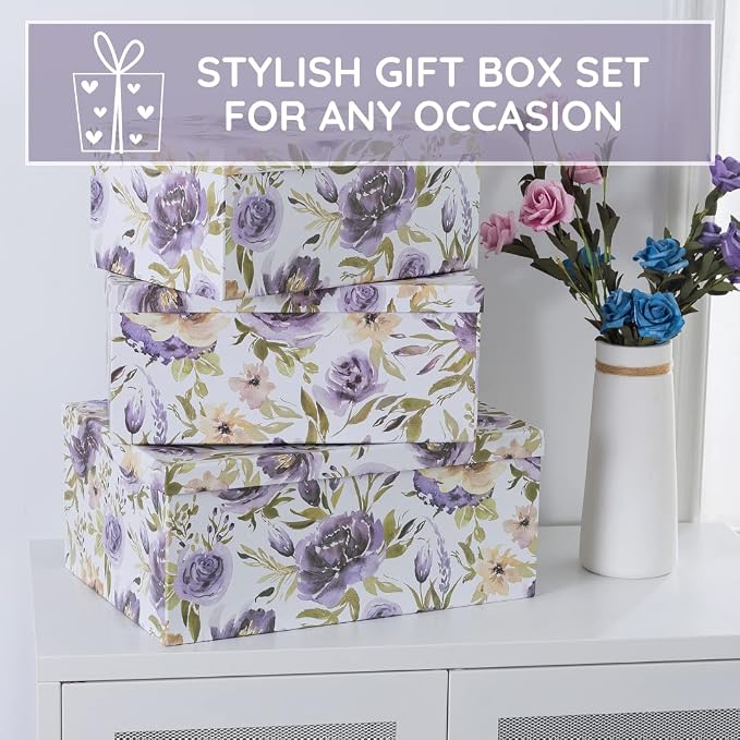 Soul & Lane - Purple Passion Decorative Storage Boxes with Lids, Set of 3 | Large Nesting Cardboard Keepsake Boxes for Memories and Gifts, Purple Lavender Floral Containers, Stackable Hat Box Style - Image 7