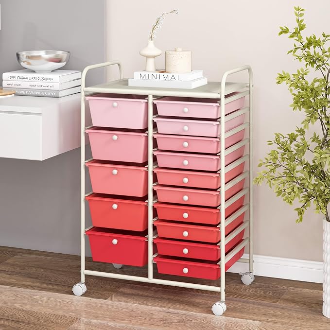 COSTWAY 15 Drawer Rolling Storage Cart, Mobile Storage Organizer | Removable Drawers & Metal Frame, Multipurpose Utility Tools Paper Organizer on Wheels for Home, Office (Mixed Pink) - Image 2