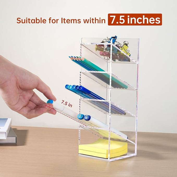 BEYGORM Acrylic Vertical Marker Organizer for 50 Markers, Desk Orgaizer | 5 Compartments Clear Angled Pen & Pencil Holder, Large Stationery & Art Supply Storage for School (10.2 x3.3 x 4 Inch) - Image 2