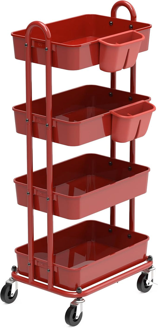 Simple Houseware 4-Tier Rolling Utility Cart with Hanging Bucket, Red | Storage for Bathroom, Kitchen, Office, Study Room, Nursery Diaper by SimpleHouseware