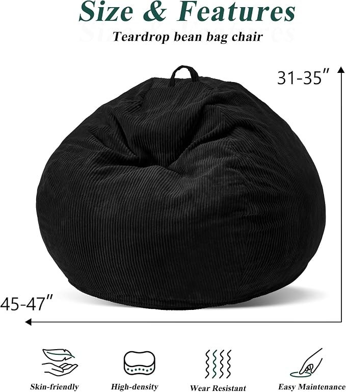 4FT Bean Bag Chair for Adults,Large Teardrop Beanbag with Filler | Beanbag Chair with Memory Foam Filled,Bean Bags with Handy Handle&Machine Washable Cover for Living Room,Bedroom-Black - Image 2