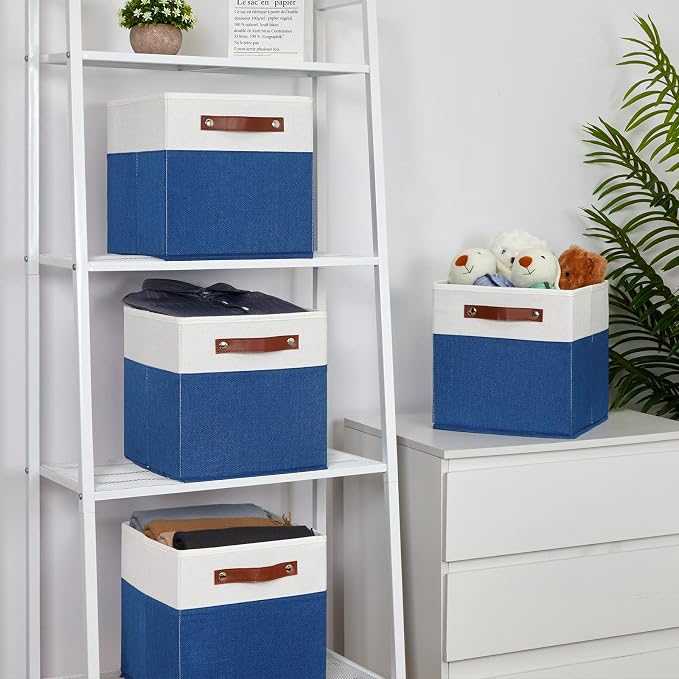 Temary 11 Storage Cube Bins for Shelves, Closet - 4 Pack Fabric Baskets With Leather Handles (White & Blue) - Image 6