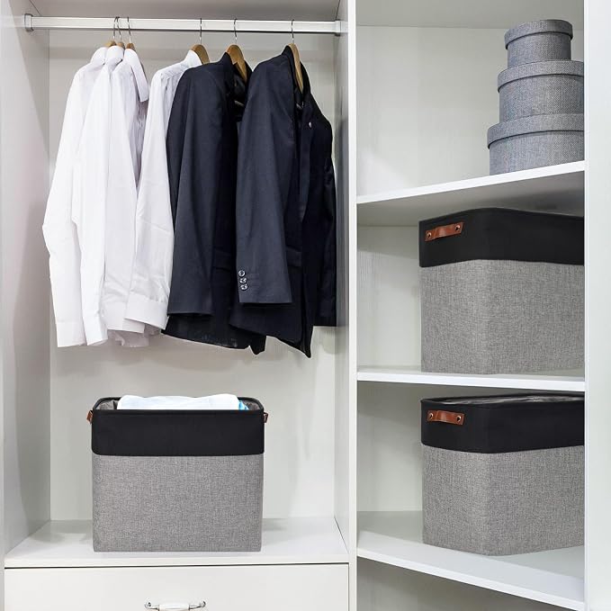 Large Fabric Storage Baskets | 50L Storage Bins, Decorative Linen Closet Baskets with Handles for Organizing, Shelf, Toys, Clothes, Home, Office, Nursery, 17x12x15Inches (Gray&Black) - Image 2