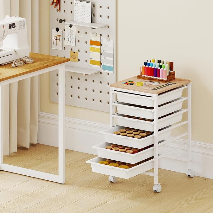 GOFLAME 6-Drawer Rolling Storage Cart, Craft Storage Cart with Wood Tabletop and Lockable Wheels, Art Cart Supply Storage Organizer with Metal Frame for Home Office Classroom, White - Image 2