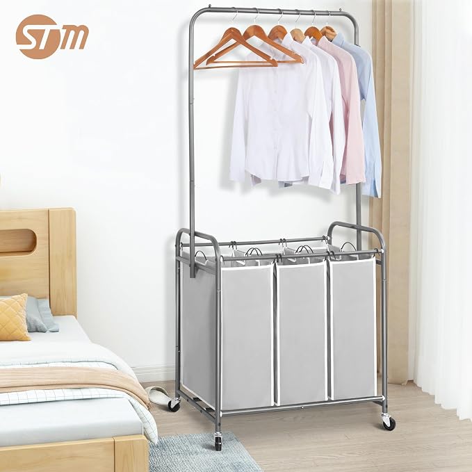 STORAGE MANIAC 136L Laundry Sorter with Hanging Bar, Portable, Removable Laundry Hamper Cart with Heavy Duty Rolling Lockable Wheels and Removable Bags, Rolling Laundry Basket Organizer, 3 Section - Image 9