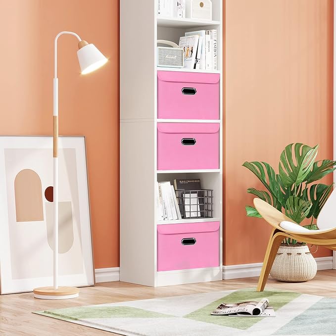 STOREONE Fabric Storage Cube Bins Foldable Organizer Container Collapsible Basket with Lids and Metal Handles, for Home, Bedroom, Closet 6 Pcs (Pink) - Image 5