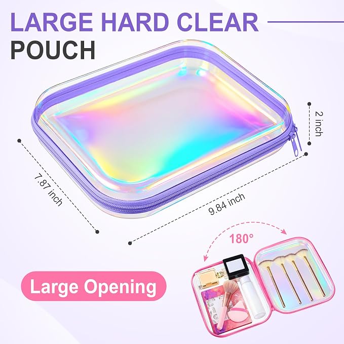 Sanwuta 6 Clear Hard Zipper Case,Holographic,9.84 X 7.87 X 2 Inch | Pencil Case Pouches ,Makeup Bag,Plastic Toiletry Diaper Bag ,Travel Toy Storage,Waterproof Organizer Bins - Image 2