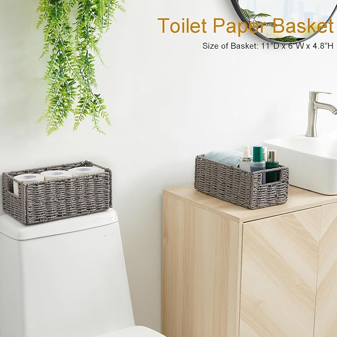 Wicker Storage Basket, Set of 2 Grey Baskets for Toilet Paper | Hand-Woven Wicker Baskets, Small Storage Baskets for Organizing with Handles Foldable Cube Storage Organizer Bins for Shelves - Image 5