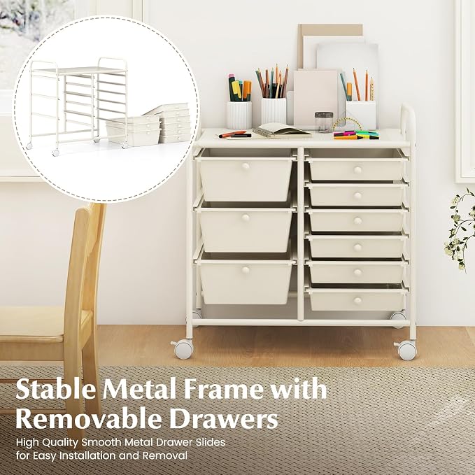 RELAX4LIFE 9 Drawer Rolling Storage Cart - Mobile Drawer Carts for Craft Art Supply Paper Salon, Utility Cart on Wheels for Classroom Teacher School Office, Rolling Cart with Drawers (Ivory White) - Image 5