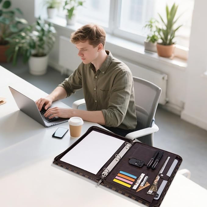 Calfinder Leather Portfolio Binder with Zipper, Brown Business Padfolio for Women and Men,3 Ring Padfolio with Pad 13" Holder for Interview（Brown-Grid） - Image 2