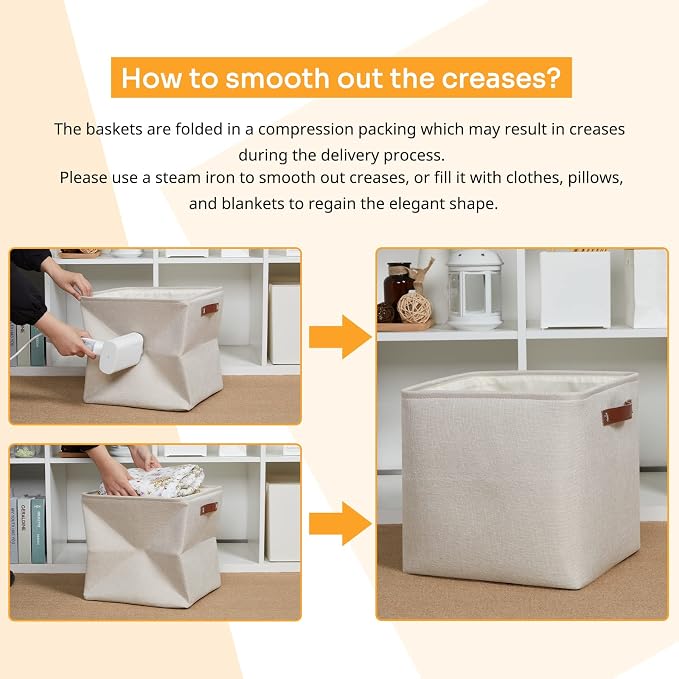 DULLEMELO Storage Bins, 4 Pack Of 13x13x13 Decorative Storage Cube Bins Suit Office, Home, Shelves And Closet, Cube Storage Bin with Leather handle(4 Pack - 13" Beige) - Image 5