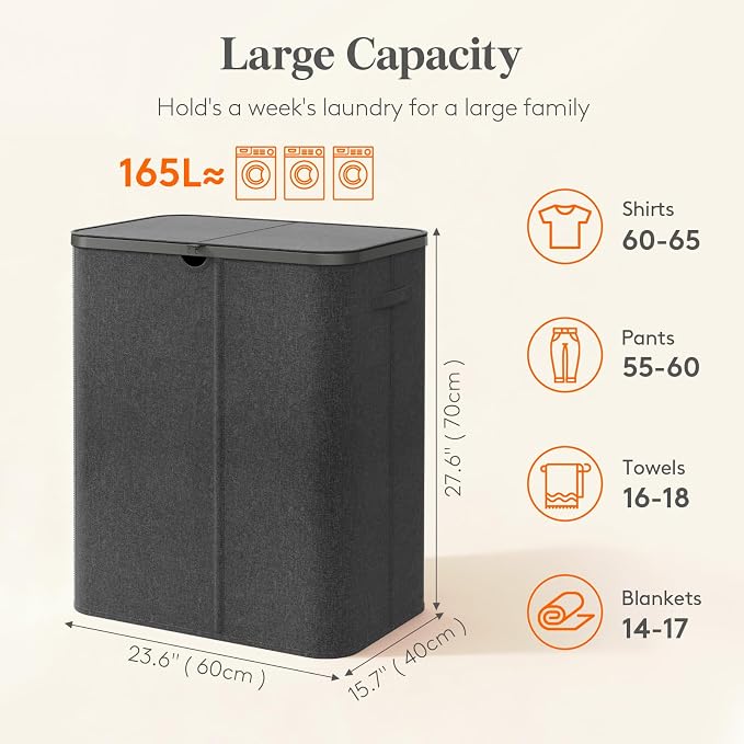 Lifewit 165L 3 Section Laundry Hamper with Lid, Laundry Basket, Dark Gray | Large Foldable Laundry Sorter with 3 Removable Bags, Tall Clothes Hamper for Bedroom and Bathroom - Image 2