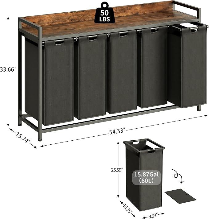 Herture Laundry Hamper with Shelf, Laundry Basket 5 Section, Laundry Sorter with Pull-Out Removable Large Bags and Movable Wheels, Metal Frame, 5 x 15.87 Gallons (60L), Rustic Brown + Black PF08XLY - Image 2