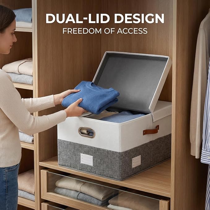 Storage Bins with Lids [3-Pack] Linen Fabric Foldable Storage Boxes Organizer Containers Baskets Cube with Cover for Bedroom Closet Office Grey&White (23.4X15.9X11.4) - Image 4