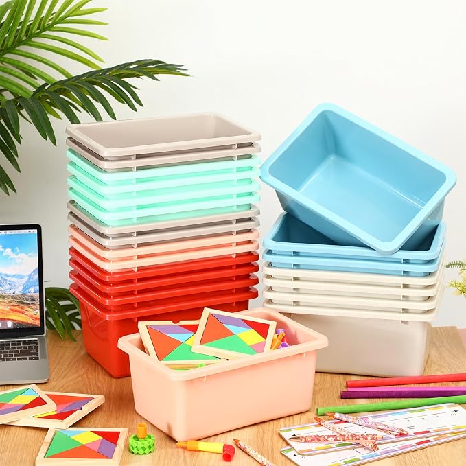 Thyle 30 Pieces Plastic Cubby Bins with Labels 11.6 x 7.7 x 5 Inch Classroom Book Bins Stacking Storage Container Organizer Storage Cubbies for Classroom Office (Retro Color) - Image 4