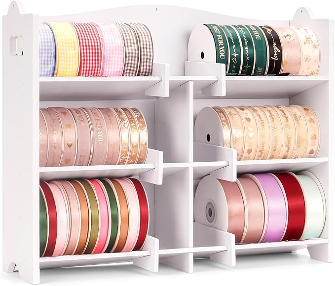 Krafetto Stackable Ribbon Organizer for Spools up to 4 Inches | Desktop and Wall-Mount Storage Keeps Small Ribbon Rolls Visible and Organized by Krafetto