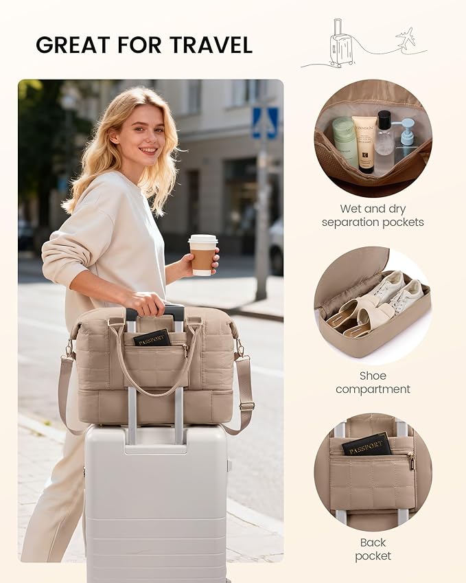 LOVEVOOK Travel Duffel Bag - Versatile Weekender Bag for Women, Puffer Carry On & Overnight Bag for Short Trips, Coffee Brown - Image 6