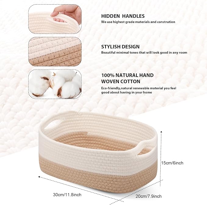 Sawysine 6 Pcs Storage Baskets Bulk for Organizing Cotton Rope Woven Basket with Handles for Gift Cloth Shelves Blanket Toys Living Room(Khaki and White) - Image 2
