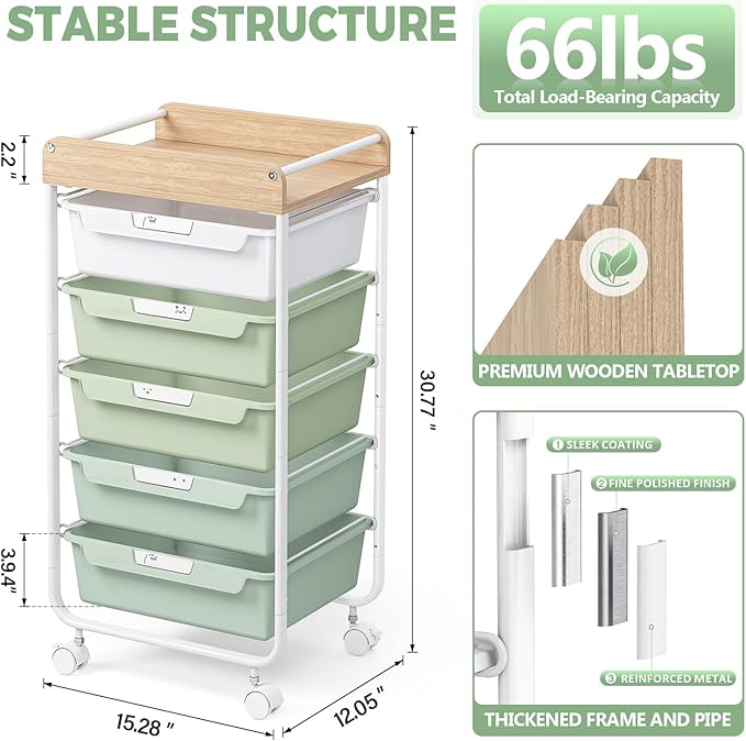 SYKIARIOL Rolling Storage Utility Cart with 5 Drawers,Green | Craft Cart with Wheels,Makeup Organizer,Art Supply And Storage Wooden Tabletop - Image 5