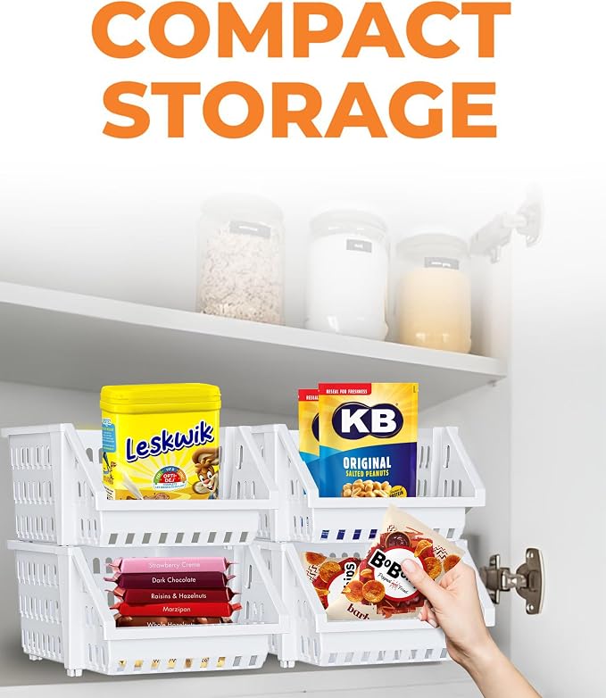 Small Stackable Storage Bins Open Front for Pantry Storage, 8 Pack - White | Sturdy Plastic, Easy Stacking, Open Front Access, Ventilated Sides, Vertical & Space Saving Pantry Organizers and Storage Bin - Image 6
