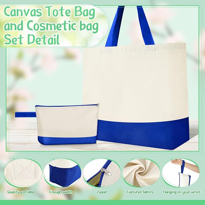 Sanwuta 30 Pcs Canvas Tote Bags Bulk with Zipper Cosmetic Pouch,Navy Blue | 18.5" Reusable Cotton Shopping Bag with Handle for DIY Craft - Image 4