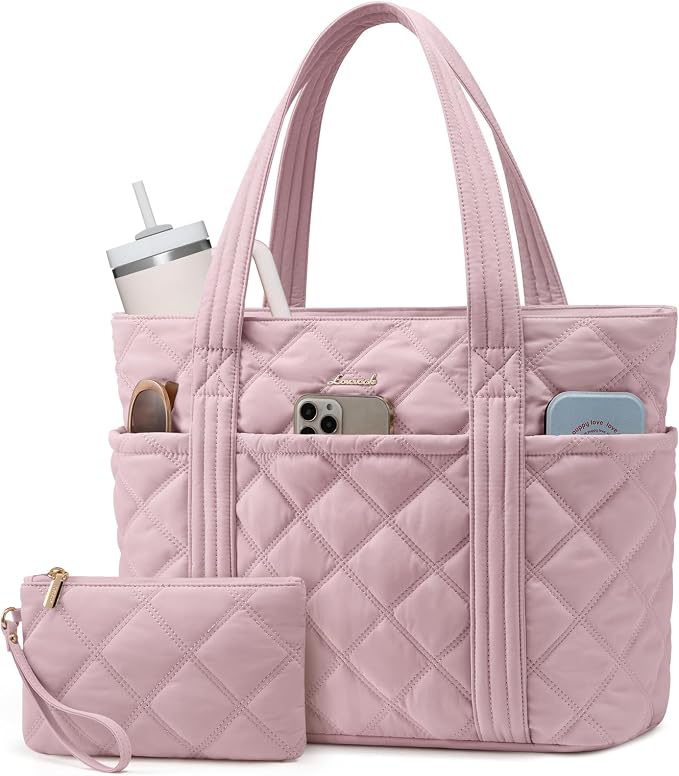 LOVEVOOK Puffer Tote Bag for Women, Puffy Work Handbag with Cup Holder, Travel Carry On Bag with Zipper for Teacher Nurse Gym by LOVEVOOK