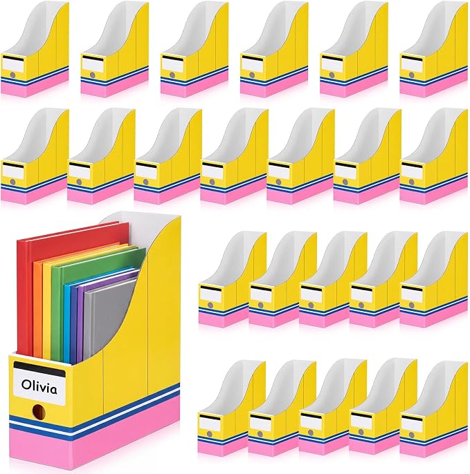 Resurhang 24 Pcs Pencil Book Bins for Classroom Cardboard Magazine Holders Foldable Magazine File Storage Box with Label Stickers for Desk Shelves School Classroom Home Office Supplies by Resurhang