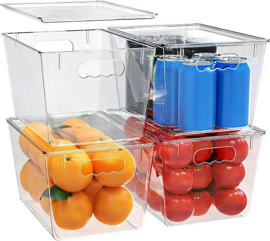 YAN & HIN 4 Pack Clear Storage Bins with Lids, Stackable Plastic Organizer Bins with Handles, Pantry Organizers and Storage for Kitchen Cabinet, Fridge, Bathroom, Closet and Shelf Organization by YANHIN