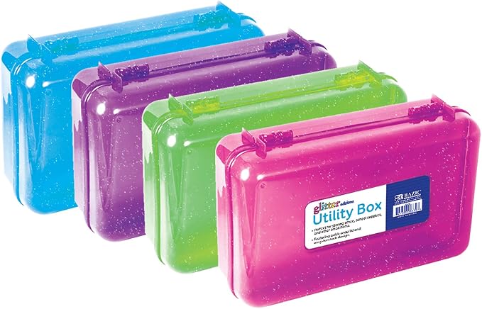 BAZIC PRODUCTS Glitter Multipurpose Pencil Box, Stackable, 4-Set | snap-latch lid for pens, tools, crafts, supplies by BAZICProducts