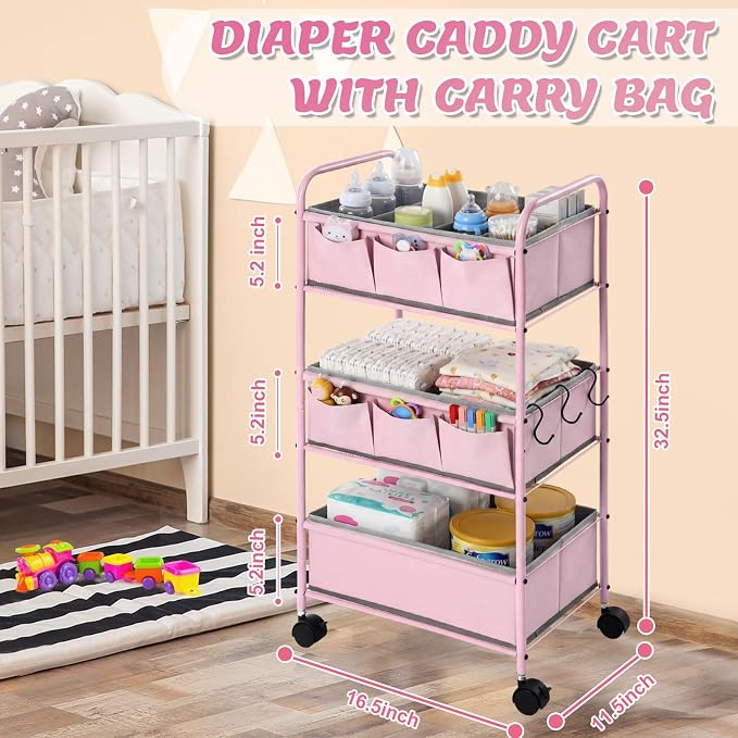 WILLBOND 3 Tier Pink Baby Diaper Caddy Organizer Cart with 4+3 Dividers Large Capacity Metal Utility Bedside Rolling Cart Newborn Registry Nursery Essential Must Have Crib Bedroom Baby Shower - Image 2