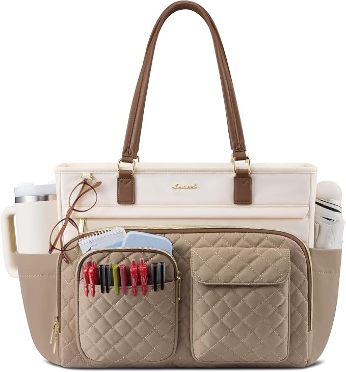LOVEVOOK Tote Bag, Work Bags for Women with Large Cup Holder, Large Capacity Teacher Tote with Multi Pockets, Nurse Diaper Tote with Padded Laptop Compartment, 15.6 Inch Khaki Beige by LOVEVOOK