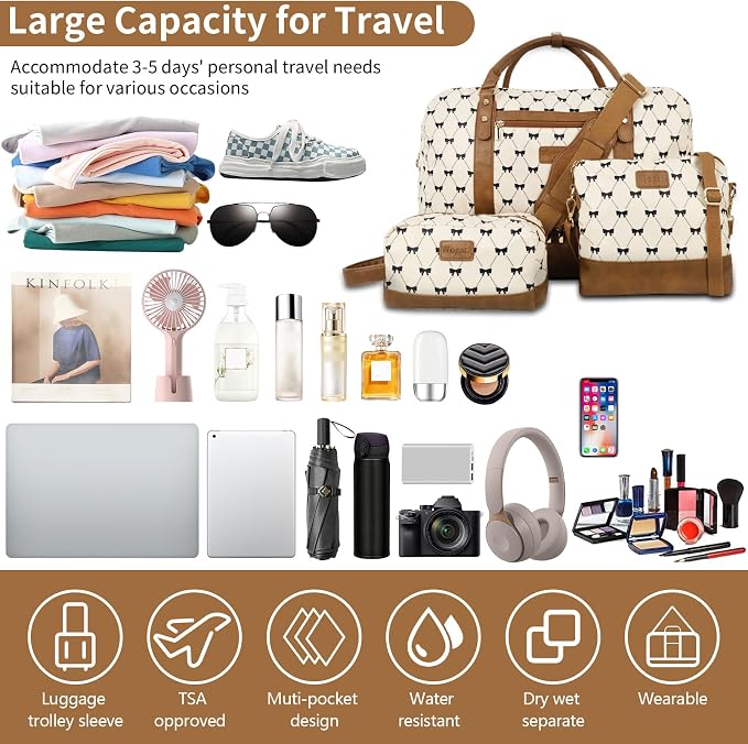 3PCS Weekender Bags for Women Large Overnight Bag, Cream Bow | Weekender Travel Duffel Bags Carry on Shoulder with Shoe Compartment Toiletry Bag Satchel Bag for Travelling Business Gym - Image 7