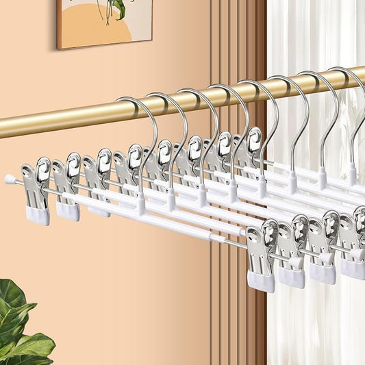 14 Inch Heavy Duty Pants Skirt Hangers with Clips, White, 20 Pack | Metal,Space Saving,Adjustable,Hanger for Jeans Shorts Clothes Slacks Trousers,For Adult,Men,Women,Children,Non Slip by BUMODEL