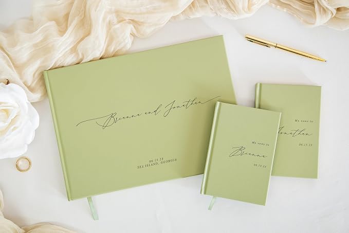 Personalized Wedding Book Set with Guestbook Vow Books (Design 1) - Custom Large 11.5 x 8.5 Guest Signin Book, 5.75 x 4 Vow Books for Marriage Ceremony Reception, Gift for Newly Engaged Couple, Sage - Image 6