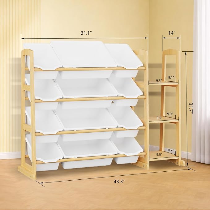 Toy Storage Organizer with 12 Bins & 3-Tier Bookshelf - White | 12 Removable Bins Keep Toys Sorted; 3-Tier Kids Bookshelf Creates Easy-Access Storage for Kids Rooms and Playrooms - Image 2