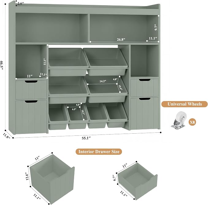HORSTORS 55" W Toy Storage Organizer, Large Kids Bookshelf, Toy Box, Green | 8 Plastic Storage Bins / 2 Removable Toy Storage Boxes / Open Shelves, Kids Bookcase with Drawers for Playroom, Kids Room - Image 3