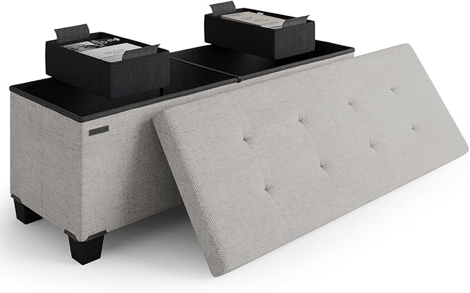 Storage Ottoman Bench with Bins, 43-in Storage Bench for Bedroom End of Bed, Folding Foot Rest Ottoman for Living Room Max 660lbs, Fabric Ottomans, Light Grey by STORAGEBUD